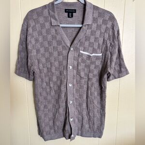 Brown Checkered Short Sleeve Knit Button Down